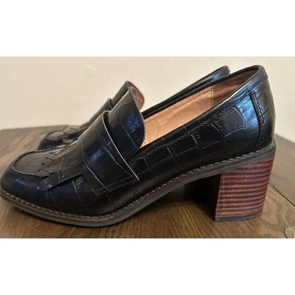 Anthropologie All Black Croc Kitty Loafers Chunky Heel Women's Size 39 US 8.5/9 - Picture 5 of 11